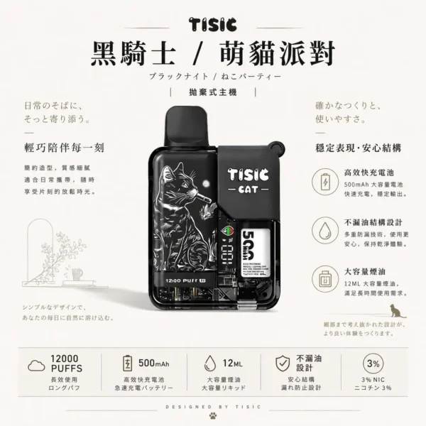 ChatGPT-Image-2026年8月25日-下午07_55_39.webp 【買十送一】TISIC 12000口拋棄式電子煙|12ml超長效不漏油設計,黑騎士/萌貓派對雙風格任選
