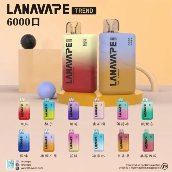 LANA 6000口 拋棄式電子煙｜Mesh 網芯爆汁口感＋8ml 大容量，Type-C 快充 550mAh 長效續航